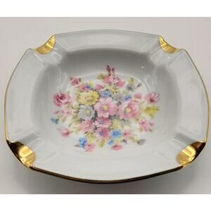 Vintage Gloria Porcelain Gold Accent Rose and Daisy Bavaria Bayreuth Ashtray